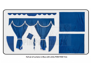 Scania Blue curtains with PomPom tassels 