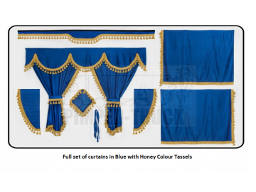 Scania Blue curtains with classic tassels 
