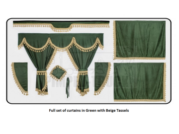 Scania Green curtains with classic tassels 